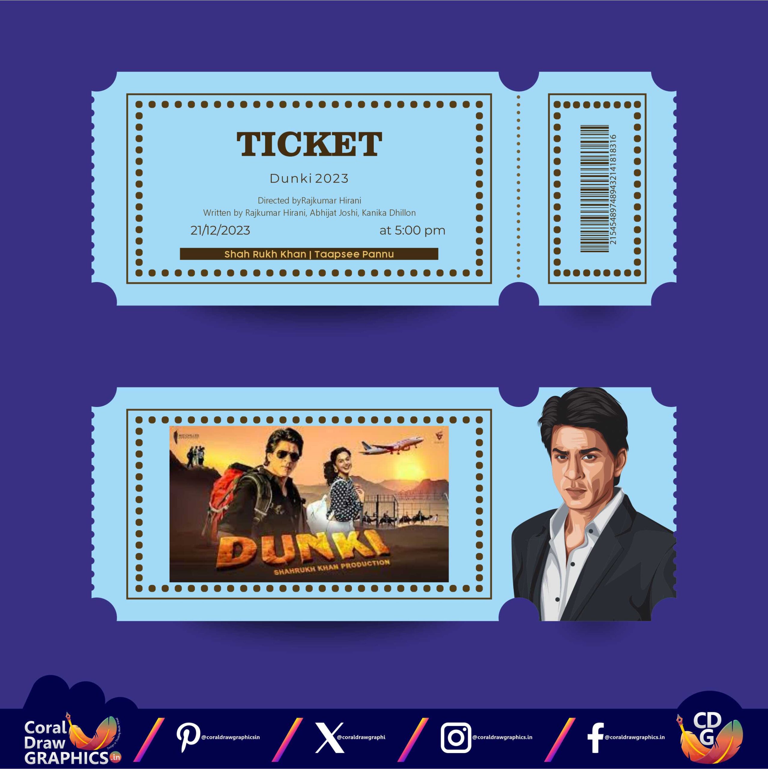 Abstract Dunki 2023 Movie Paper Stub Ticket Template