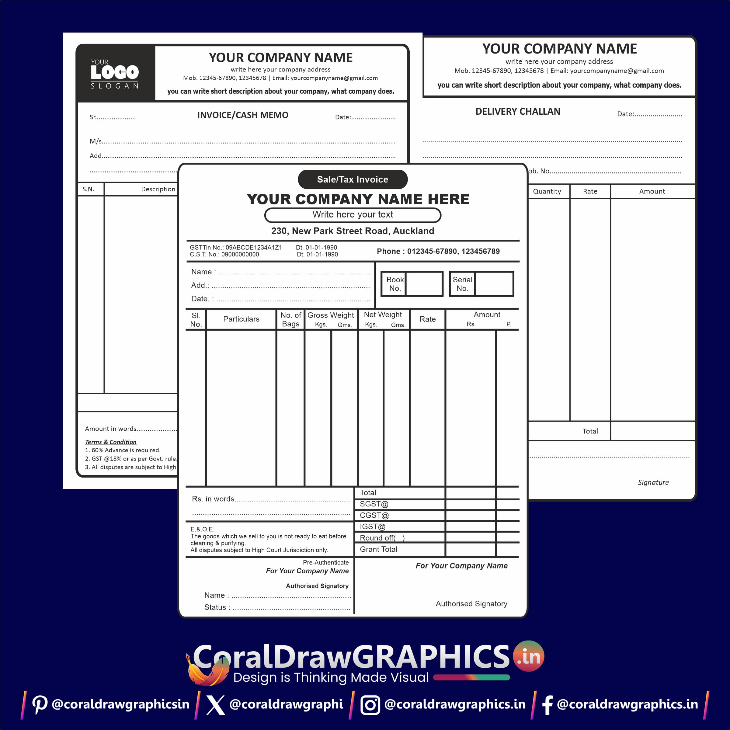 Indian Cash Memo Delivery Challan Tax Invoice Format in Single Color